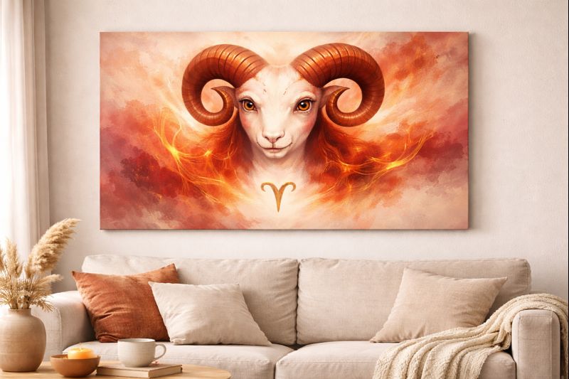 Ev ortamında asılı, Koç burcunun cesaret ve enerjisini simgeleyen sanatsal tablo görseli
